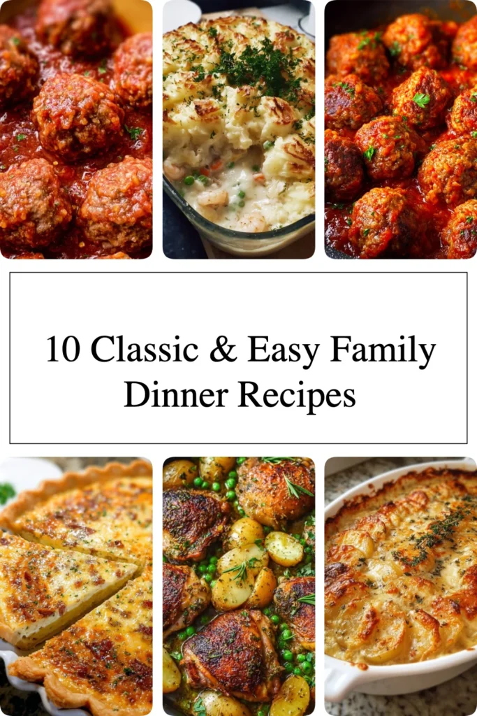 A delicious spread of classic family dinner recipes on a dining table.