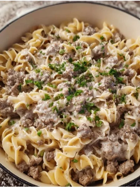 Delicious 30-minute ground beef stroganoff served on a plate