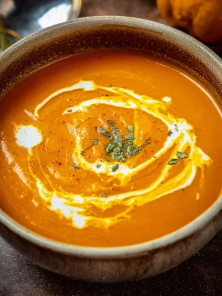 Bowl of creamy pumpkin soup garnished with herbs and served with bread.