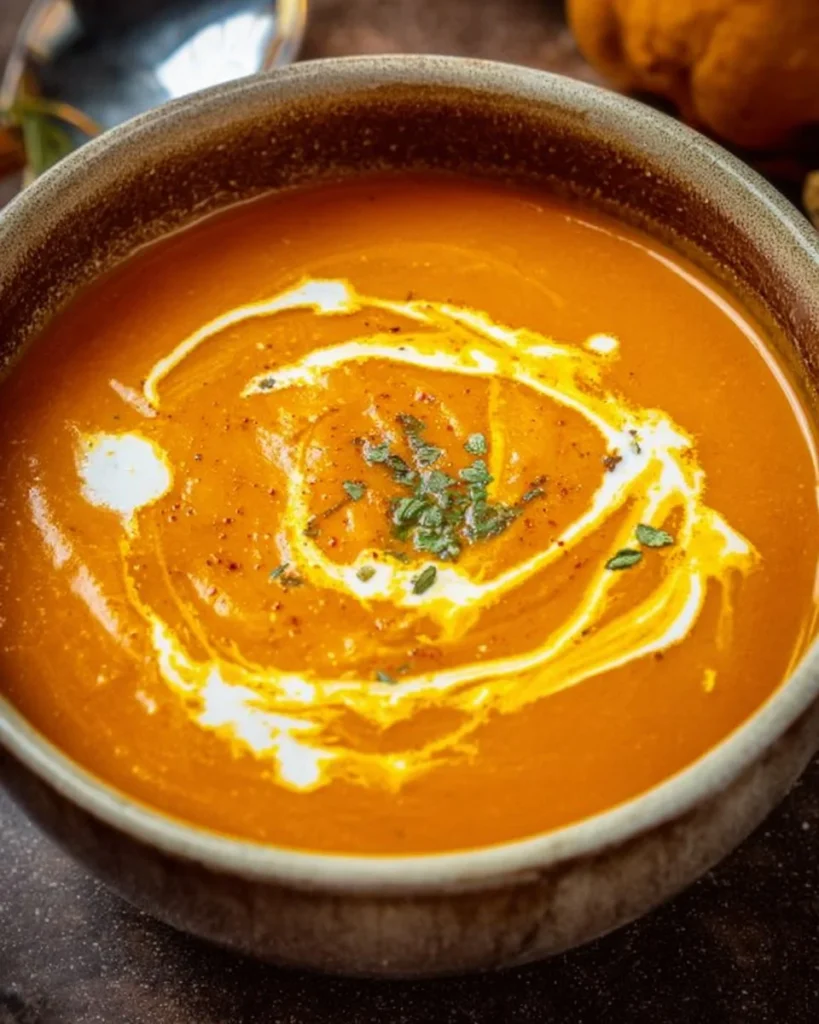 Bowl of creamy pumpkin soup garnished with herbs and served with bread.