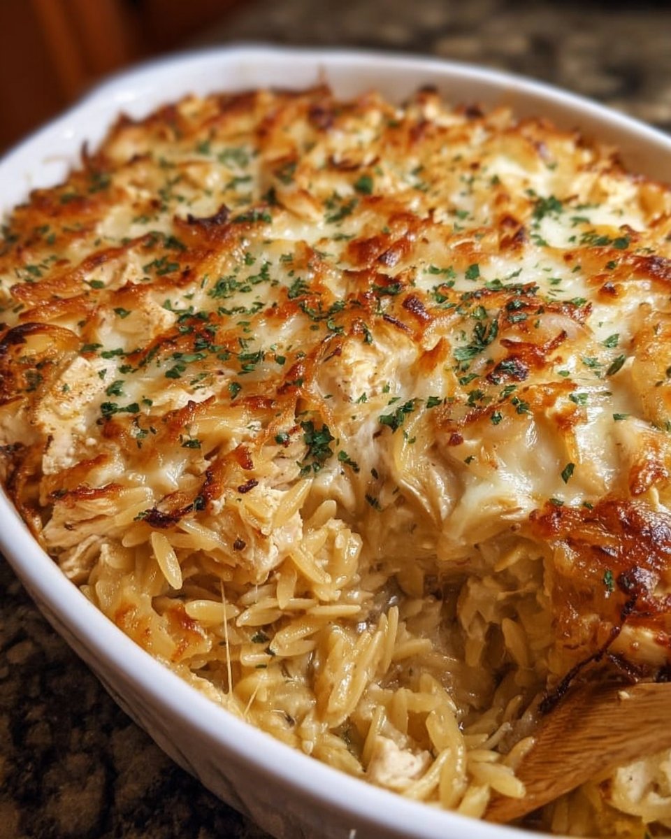 French Onion Chicken Orzo Casserole