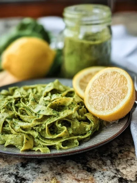 Nut-free Avocado Lemon Pesto in a bowl with fresh ingredients