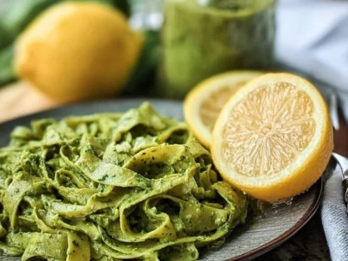 Nut-free Avocado Lemon Pesto in a bowl with fresh ingredients