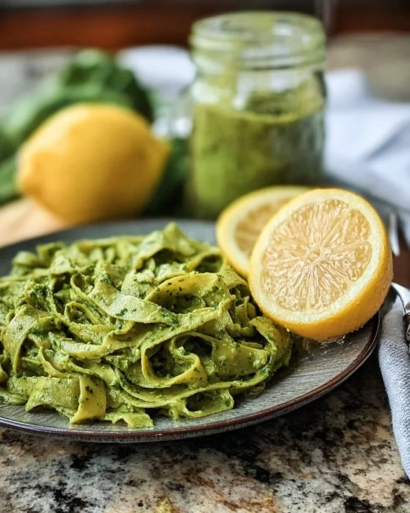 Nut-free Avocado Lemon Pesto in a bowl with fresh ingredients