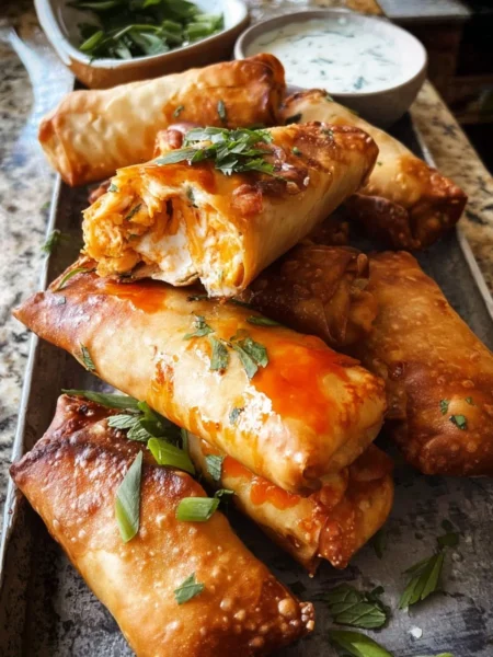 Baked Buffalo Chicken Egg Rolls served with cilantro lime ranch dressing