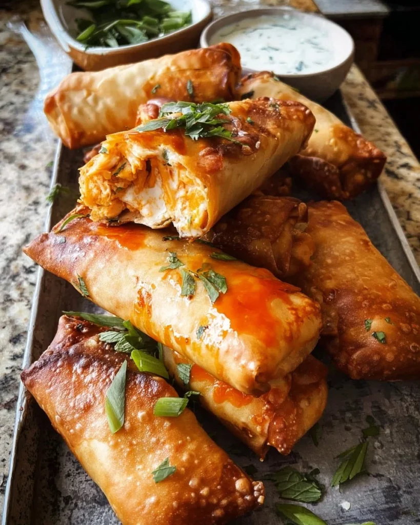 Baked Buffalo Chicken Egg Rolls served with cilantro lime ranch dressing