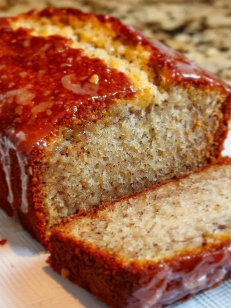 Delicious freshly baked banana bread on a wooden cutting board