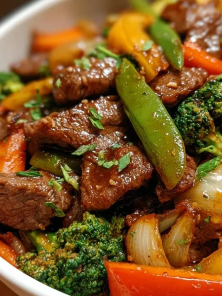 Beef stir fry with colorful vegetables served in a bowl
