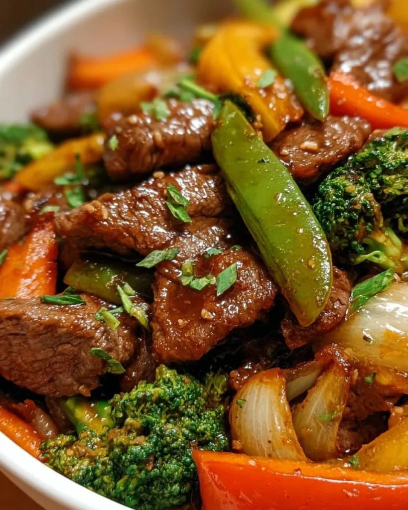 Beef stir fry with colorful vegetables served in a bowl