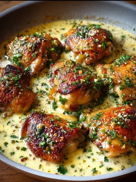 Bobby Flay's Chicken Thighs with Creamy Garlic Sauce on a plate
