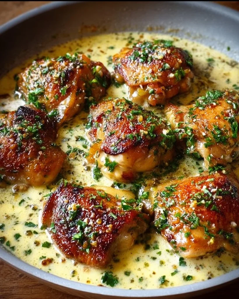 Bobby Flay's Chicken Thighs with Creamy Garlic Sauce on a plate