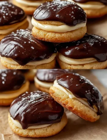 Boston Cream Pie Cookies with chocolate and cream filling on a plate