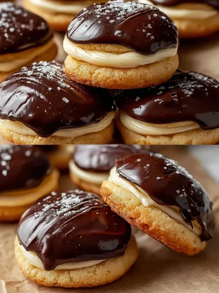 Boston Cream Pie Cookies with chocolate and cream filling on a plate
