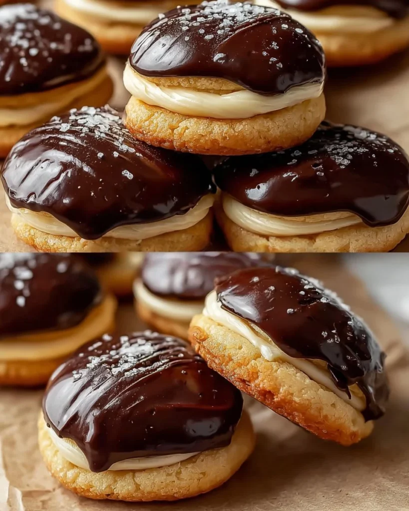Boston Cream Pie Cookies with chocolate and cream filling on a plate