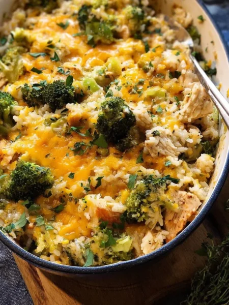 Broccoli Cheddar Chicken and Rice Casserole in a baking dish