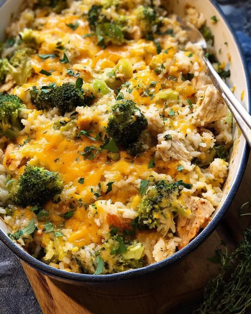 Broccoli Cheddar Chicken and Rice Casserole in a baking dish