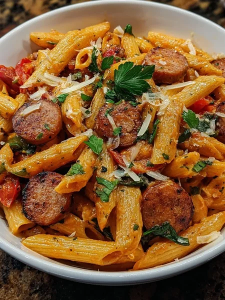 Delicious Cajun Sausage Pasta served with herbs and spices.