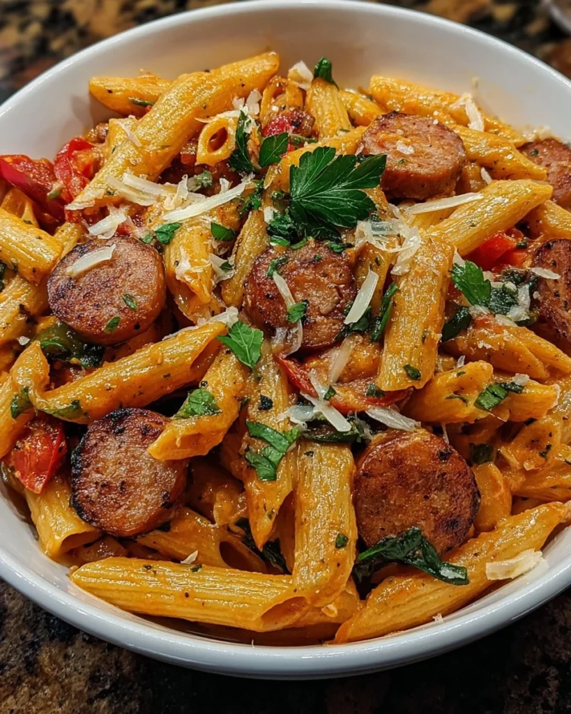 Delicious Cajun Sausage Pasta served with herbs and spices.