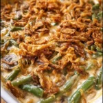 Delicious Campbell's Green Bean Casserole served in a baking dish