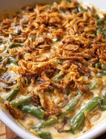 Delicious Campbell's Green Bean Casserole served in a baking dish