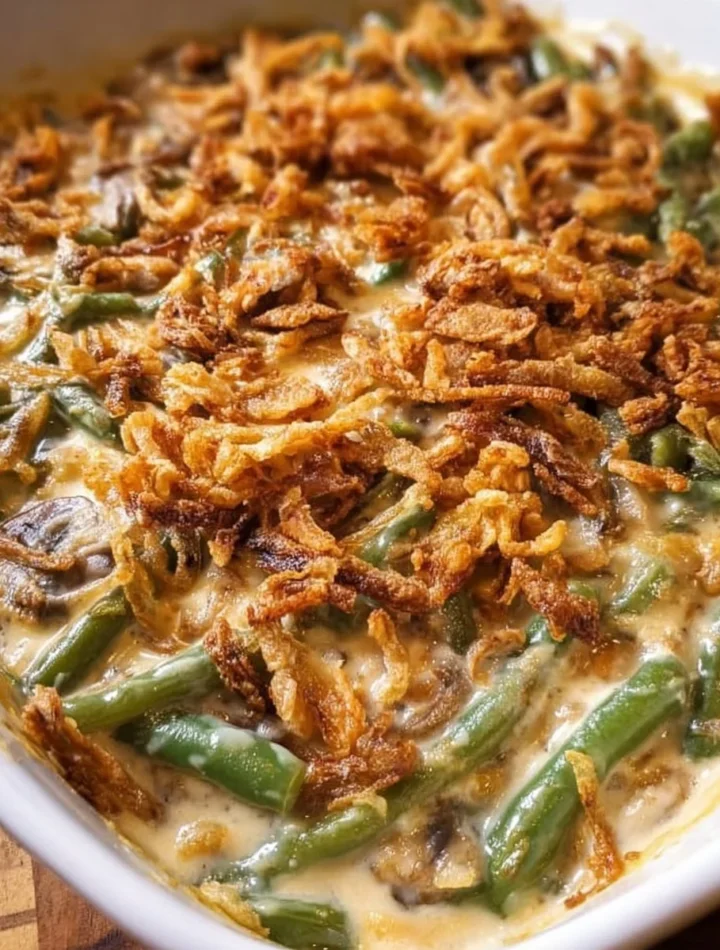 Delicious Campbell's Green Bean Casserole served in a baking dish
