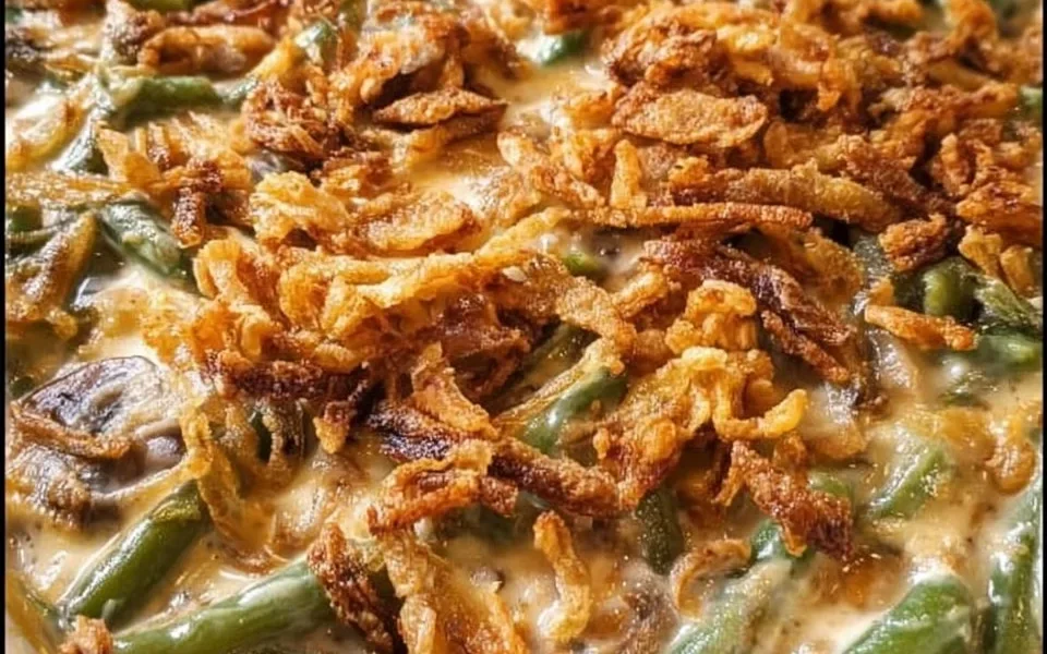 Delicious Campbell's Green Bean Casserole served in a baking dish
