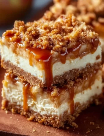 Delicious Caramel Apple Cheesecake Bars with caramel drizzle and apple toppings.
