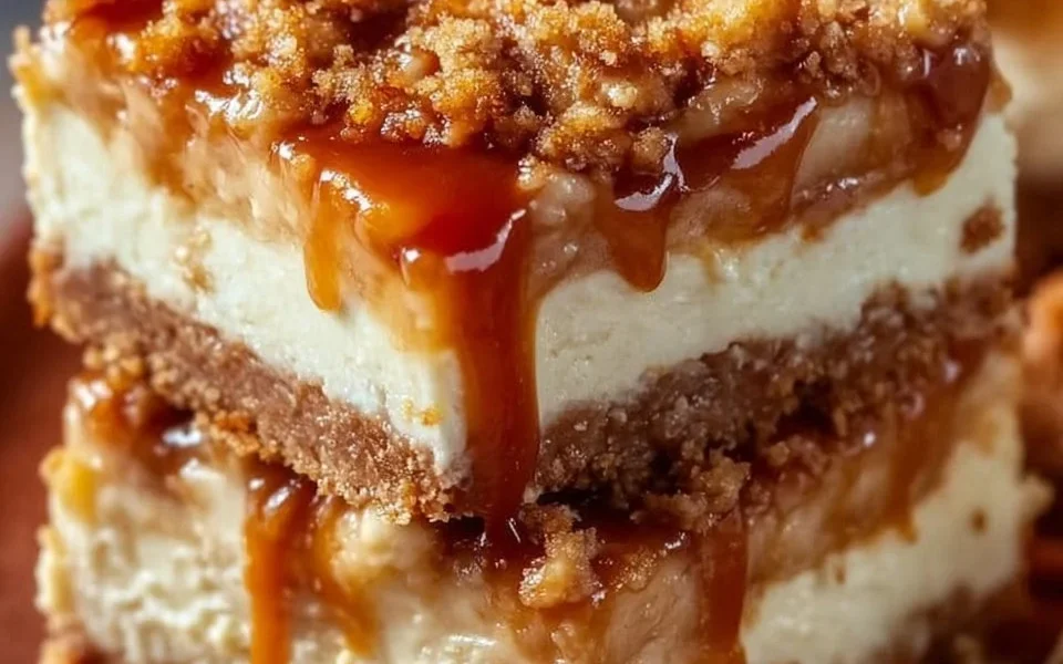 Delicious Caramel Apple Cheesecake Bars with caramel drizzle and apple toppings.