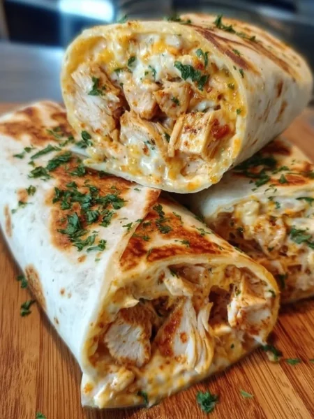Cheesy Garlic Chicken Wraps garnished with fresh herbs and served on a plate