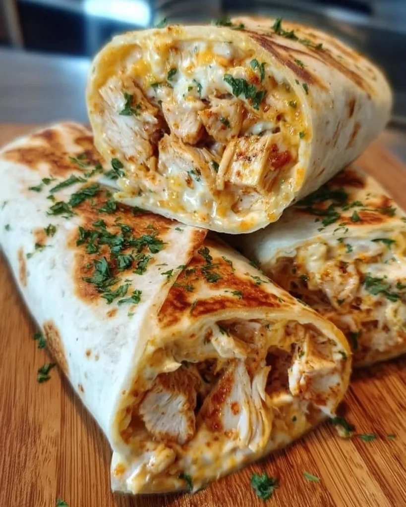 Cheesy Garlic Chicken Wraps garnished with fresh herbs and served on a plate