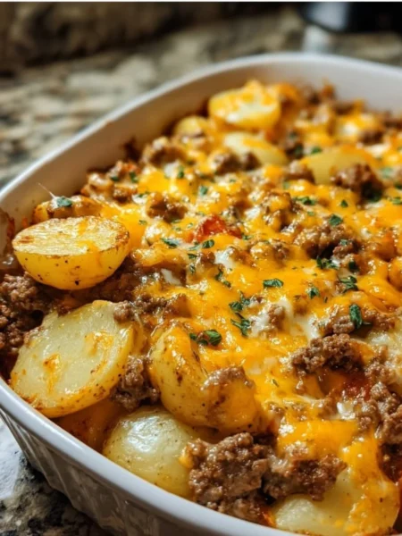 Cheesy Ground Beef & Potato Casserole served in a baking dish