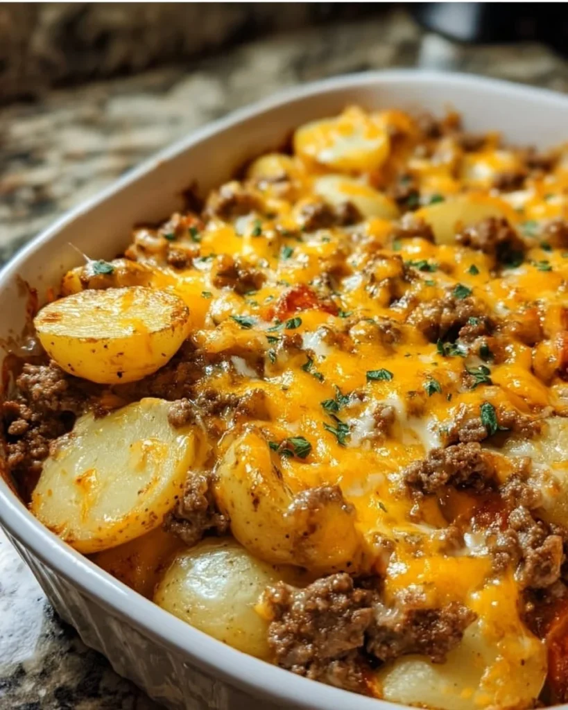 Cheesy Ground Beef & Potato Casserole served in a baking dish