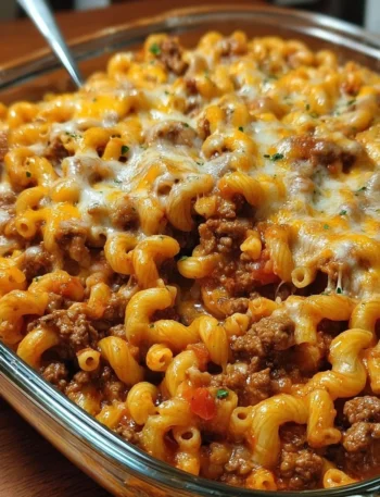 Delicious cheesy hamburger casserole served in a dish