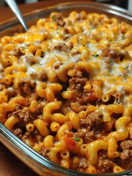 Delicious cheesy hamburger casserole served in a dish