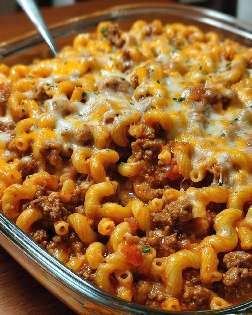Delicious cheesy hamburger casserole served in a dish