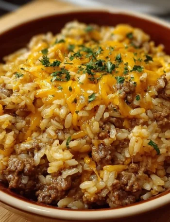 Cheesy hamburger rice casserole served in a baking dish