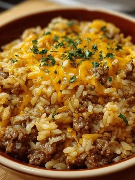 Cheesy hamburger rice casserole served in a baking dish