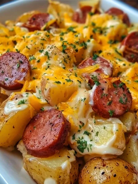 Delicious Cheesy Ranch Potatoes with smoked sausage served in a bowl