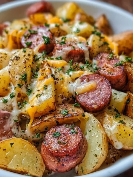 Cheesy ranch potatoes with smoked sausage served on a plate