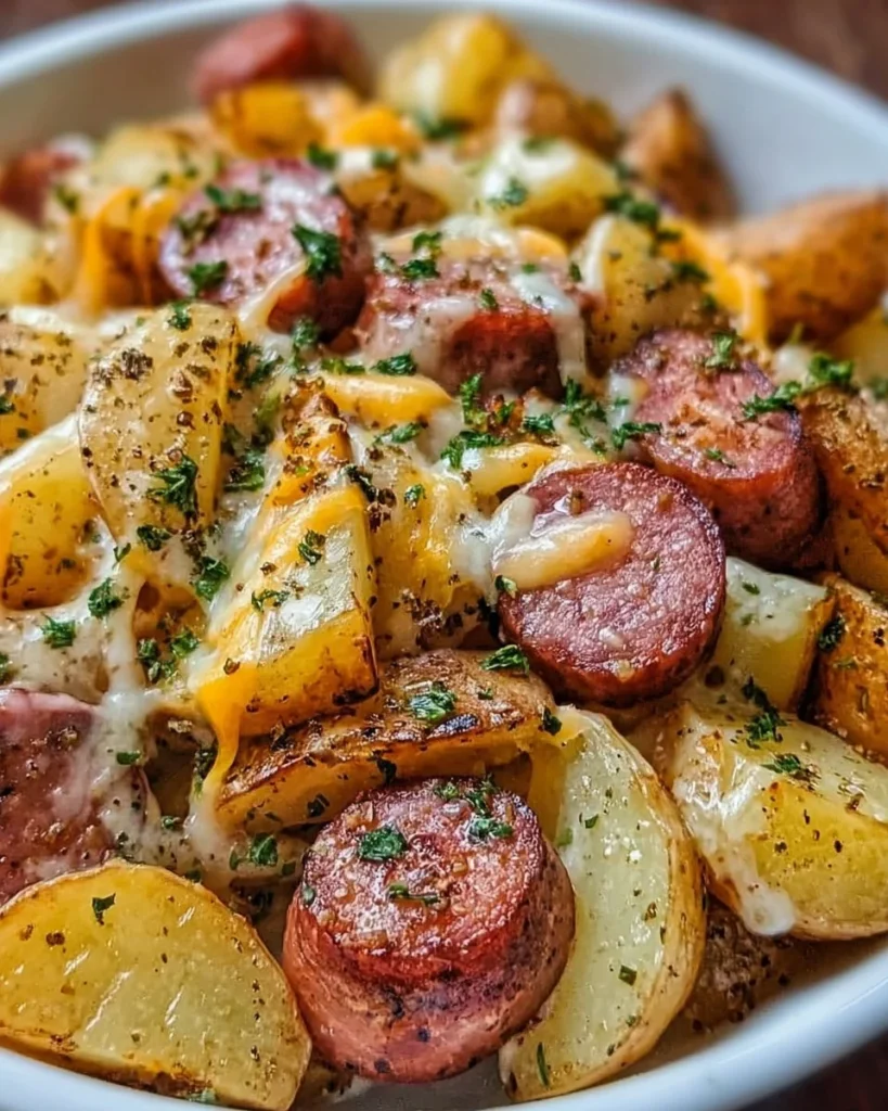Cheesy ranch potatoes with smoked sausage served on a plate