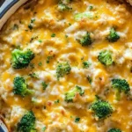 Cheesy Chicken Broccoli Rice Casserole served in a baking dish