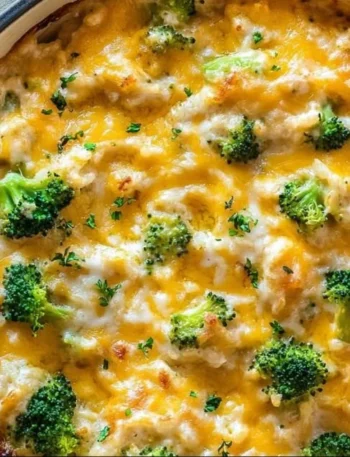 Cheesy Chicken Broccoli Rice Casserole served in a baking dish