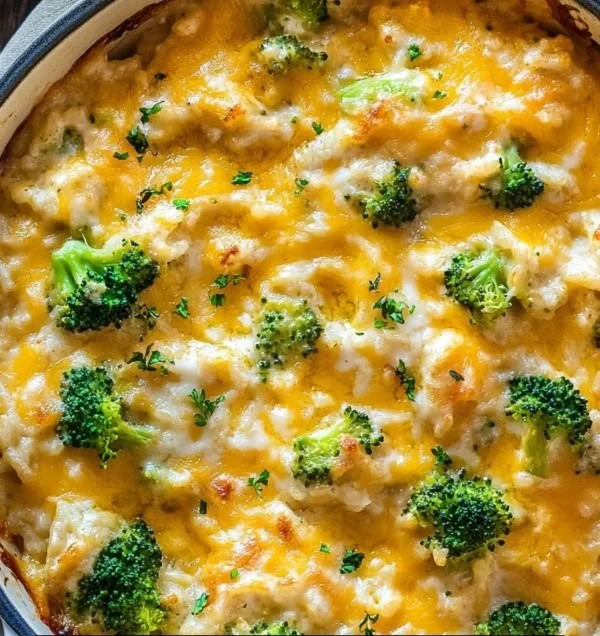Cheesy Chicken Broccoli Rice Casserole served in a baking dish
