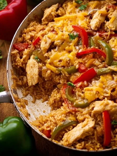 Delicious Chicken Fajita Rice Casserole topped with colorful bell peppers and cheese.