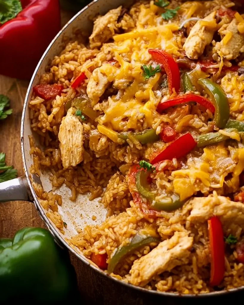 Delicious Chicken Fajita Rice Casserole topped with colorful bell peppers and cheese.