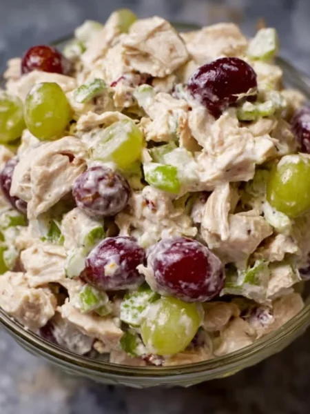 Delicious chicken salad served in a bowl with fresh vegetables