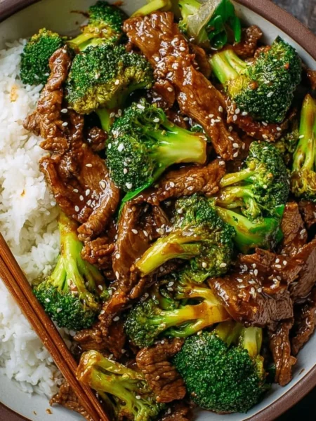 Delicious Chinese beef and broccoli stir-fry dish served with rice.