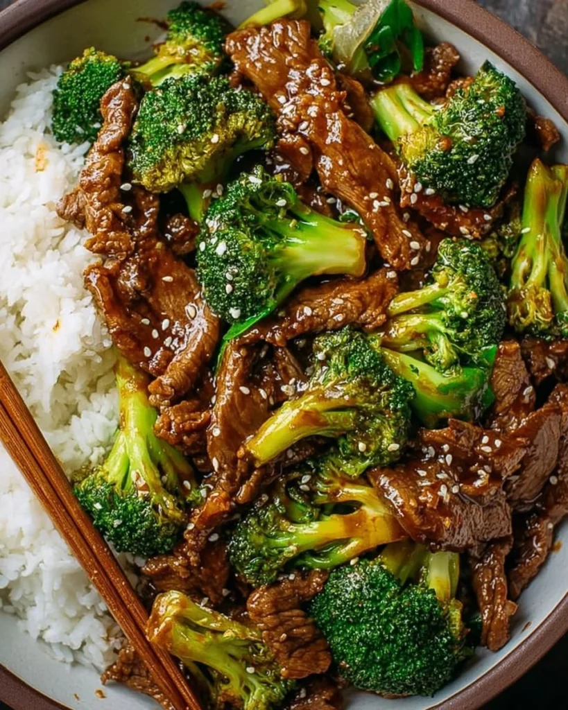 Delicious Chinese beef and broccoli stir-fry dish served with rice.