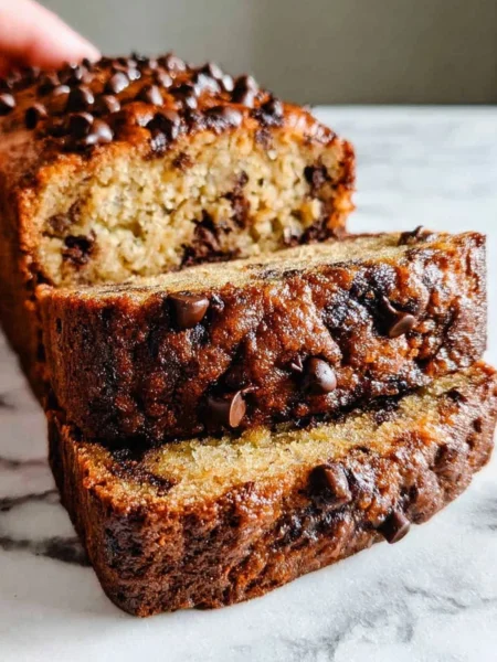 Slice of chocolate chip banana bread on a wooden table
