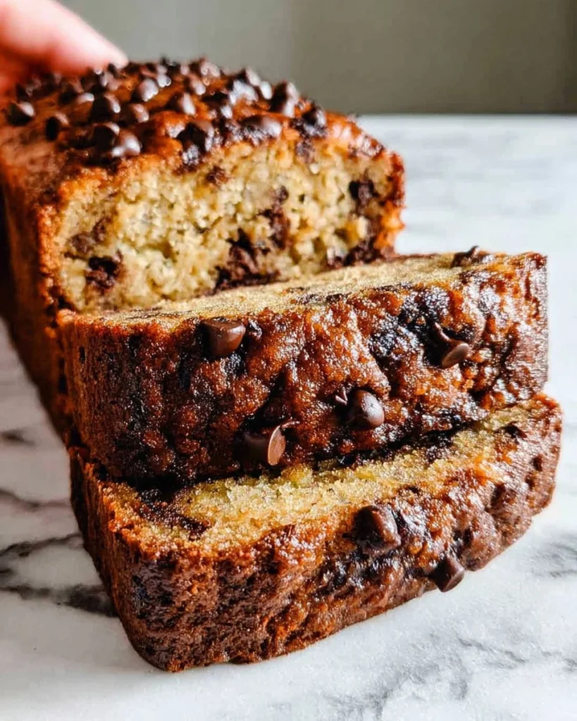Slice of chocolate chip banana bread on a wooden table